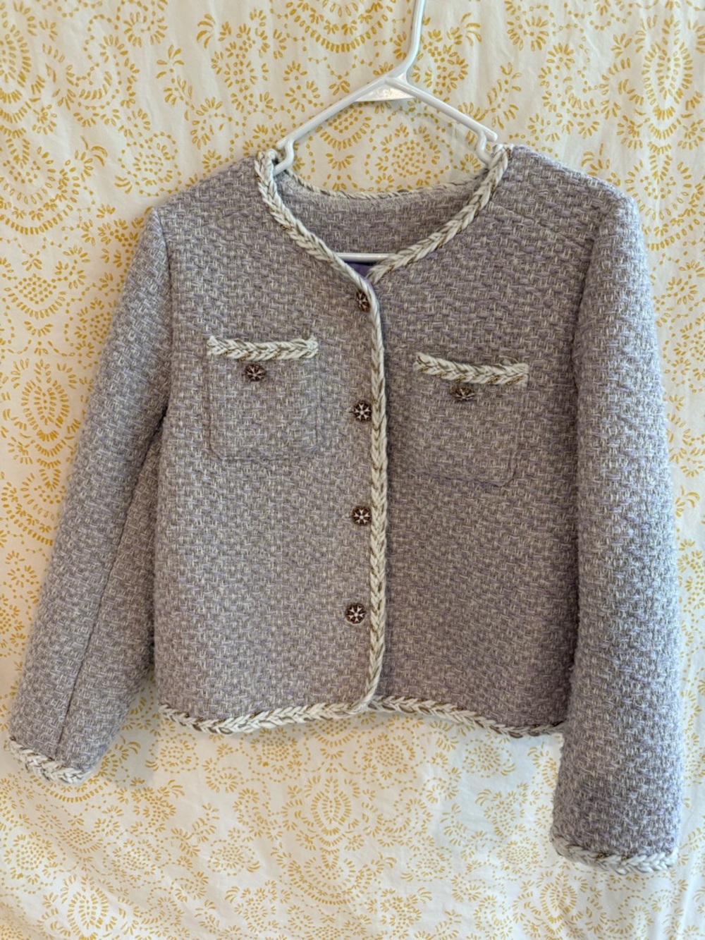 Woven Tweed Crop Jacket in Light Purple with Braided Trim